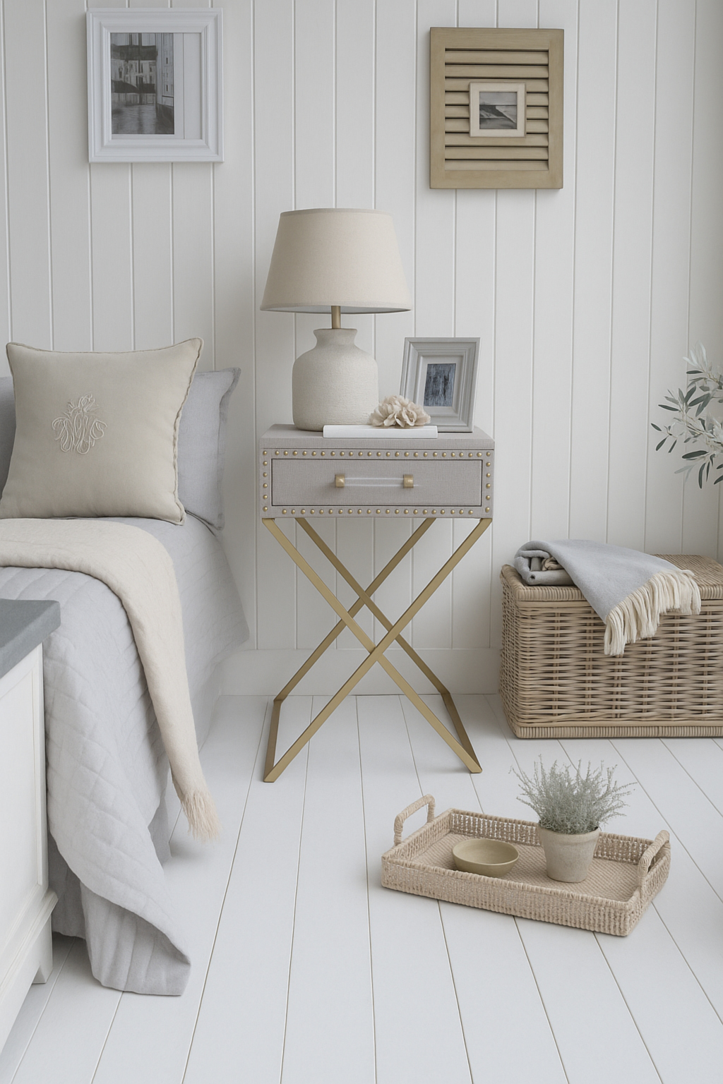 Wrapped in soft linen with brass stud detailing, this accent table brings a touch of refined seaside charm to any bedroom or living space.