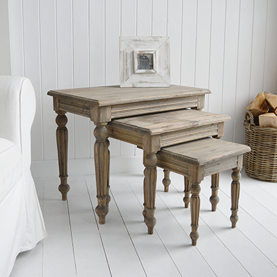 Amity Reclaimed Pine set of 3 nesting tables for coastal furniture from The White Lighthouse. new England and Hamptons interiors and furniture for beautiful homes in coastal and country home interiors