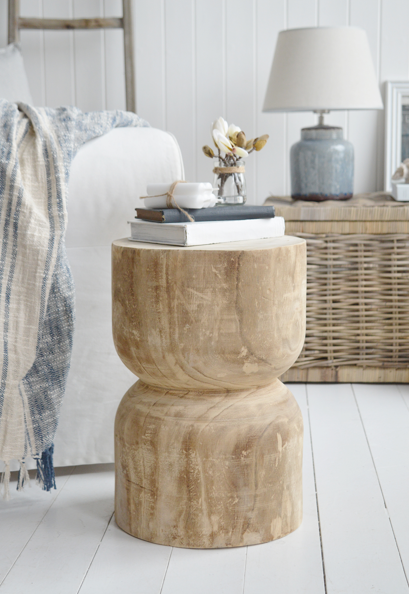 Close up photograph of the Ascot hand carved wooden coastal-side table ... New England interiors and furniture