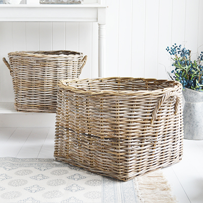 Casco Bay extra large Round basket with handles for logs, toys and everyday storage from The White Lighthouse Furniture and Home Interiors for New England, country, coastal and city homes for hallway, living room, bedroom and bathroom