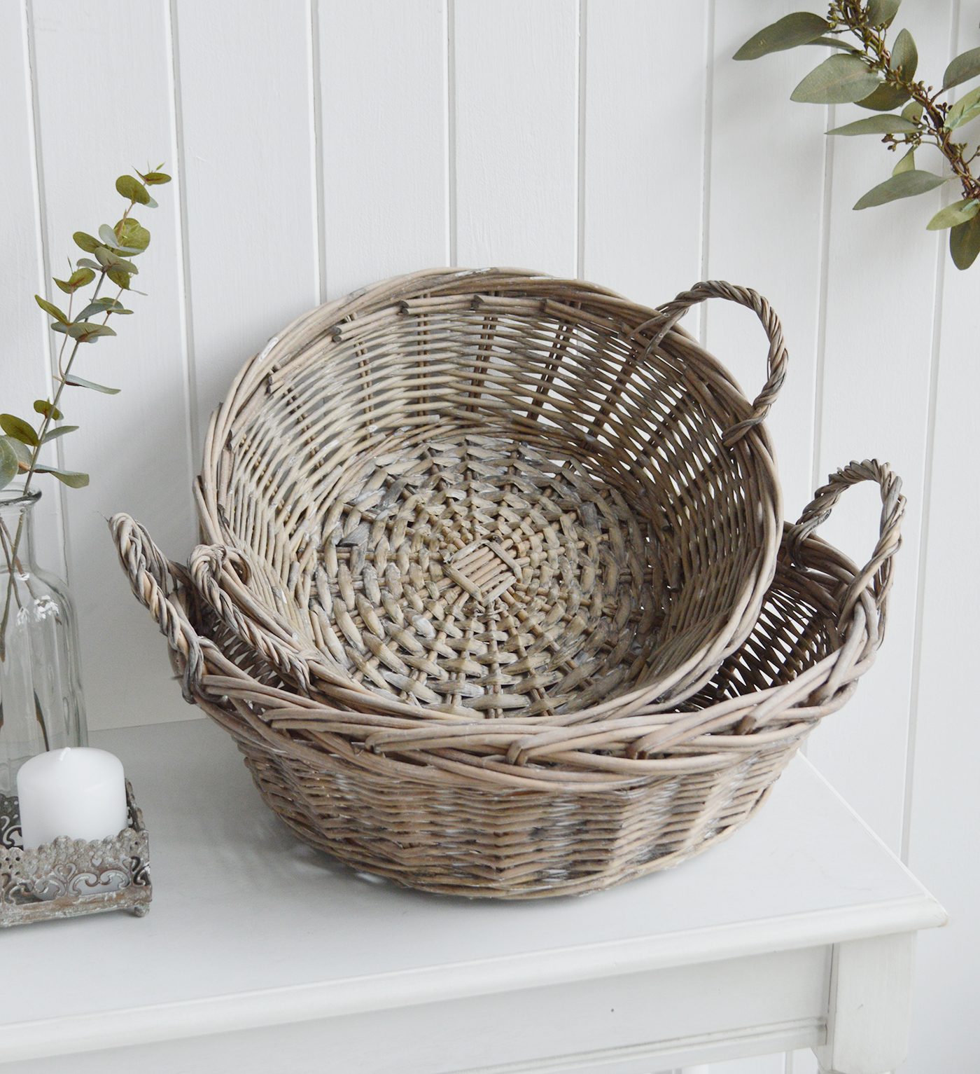 White Furniture and accessories for the home. Set Grey Wicker Baskets for New England style interiors for country, coastal, city homes