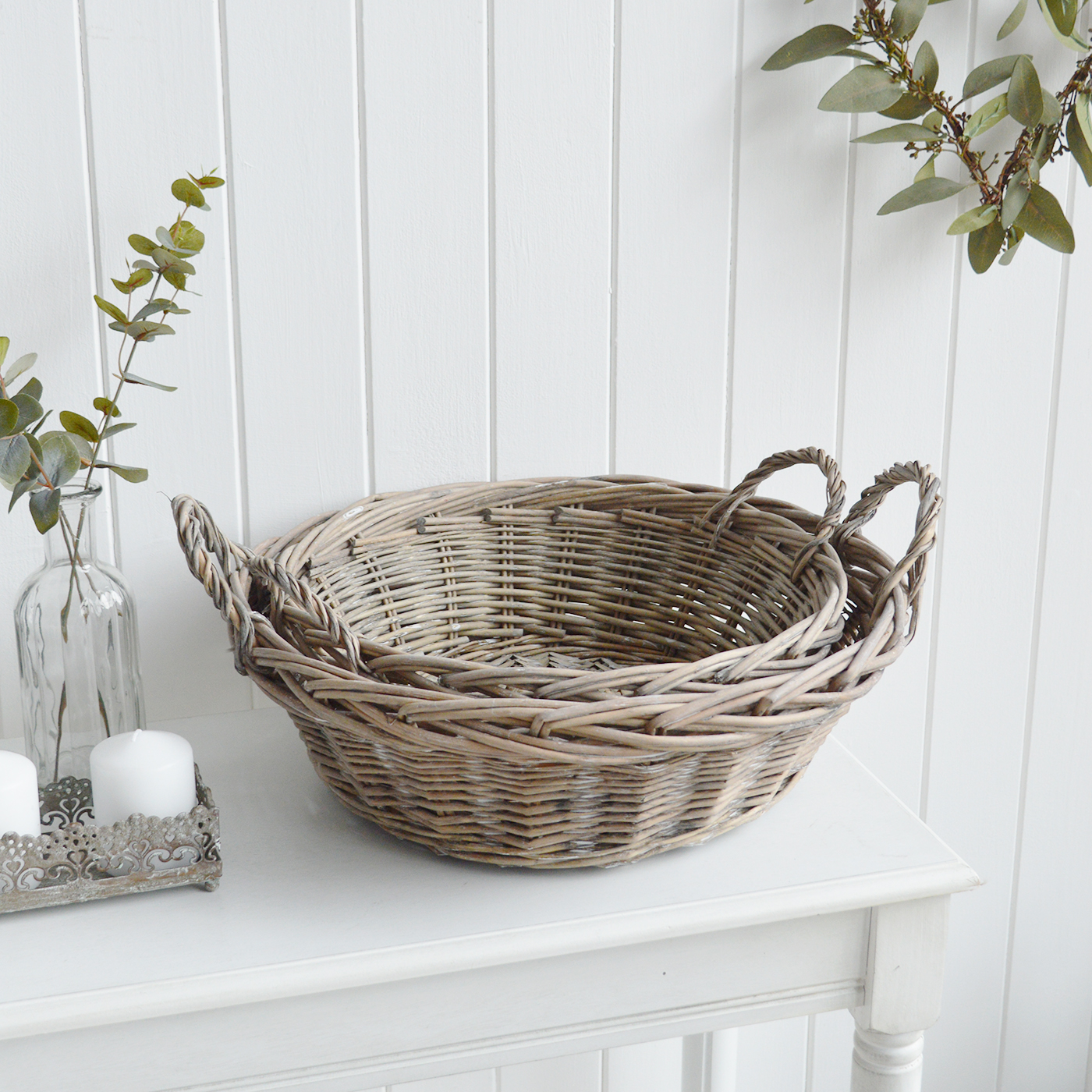White Furniture and accessories for the home. Set Grey Wicker Baskets for New England style interiors for country, coastal, city homes