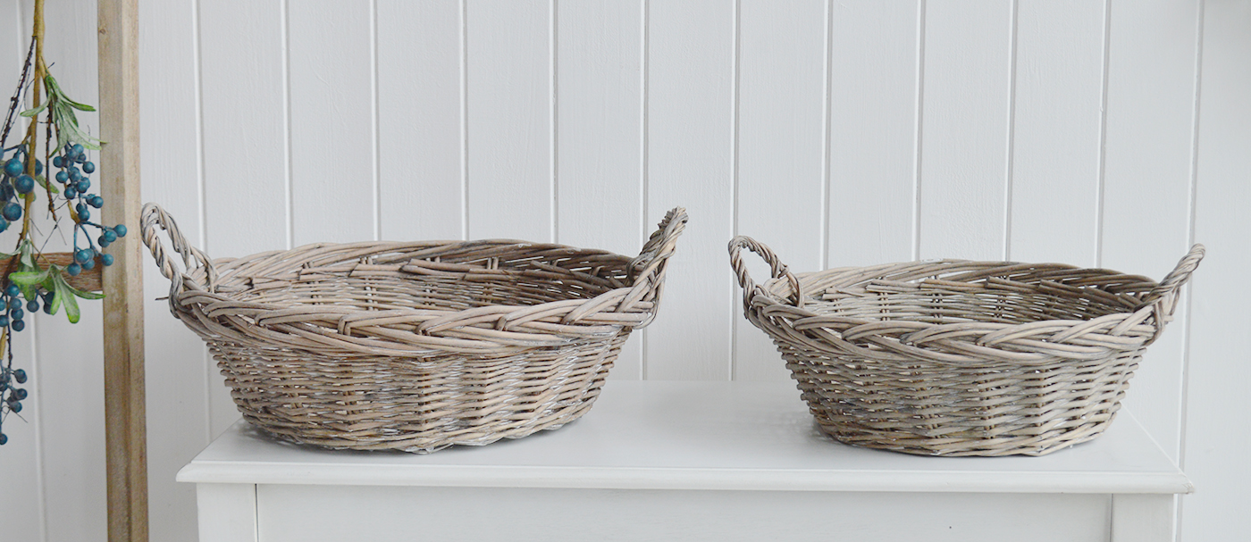 White Furniture and accessories for the home. Set Grey Wicker Baskets for New England style interiors for country, coastal, city homes