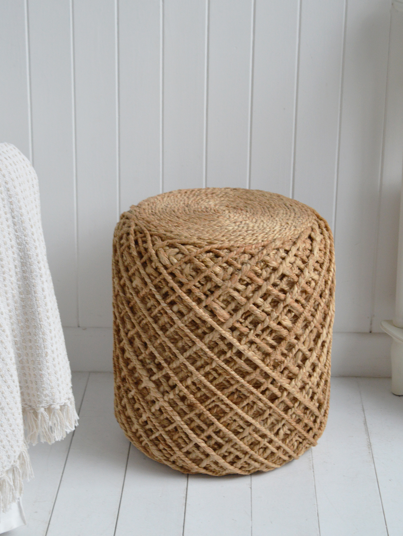 The Bayport Weave Stool is perfect for adding natural warmth and texture to New England and coastal interiors.