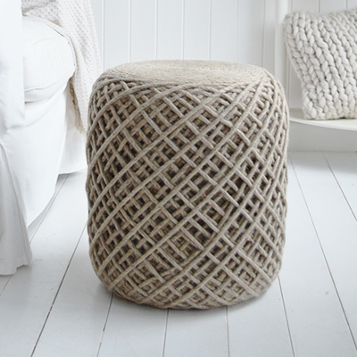 The Bayport Weave Stool, available in Pebble Grey and Coastal Hemp, adds texture and warmth to New England, coastal, and modern farmhouse interiors. Perfect as a seat, side table, or decorative accent.