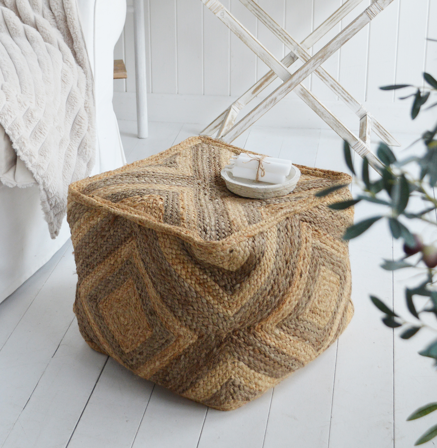 Benton Jute Ottoman / Pouffe  - Ideal to add warmth as a footrest, seating or table with natural material in a coastal or New England living room