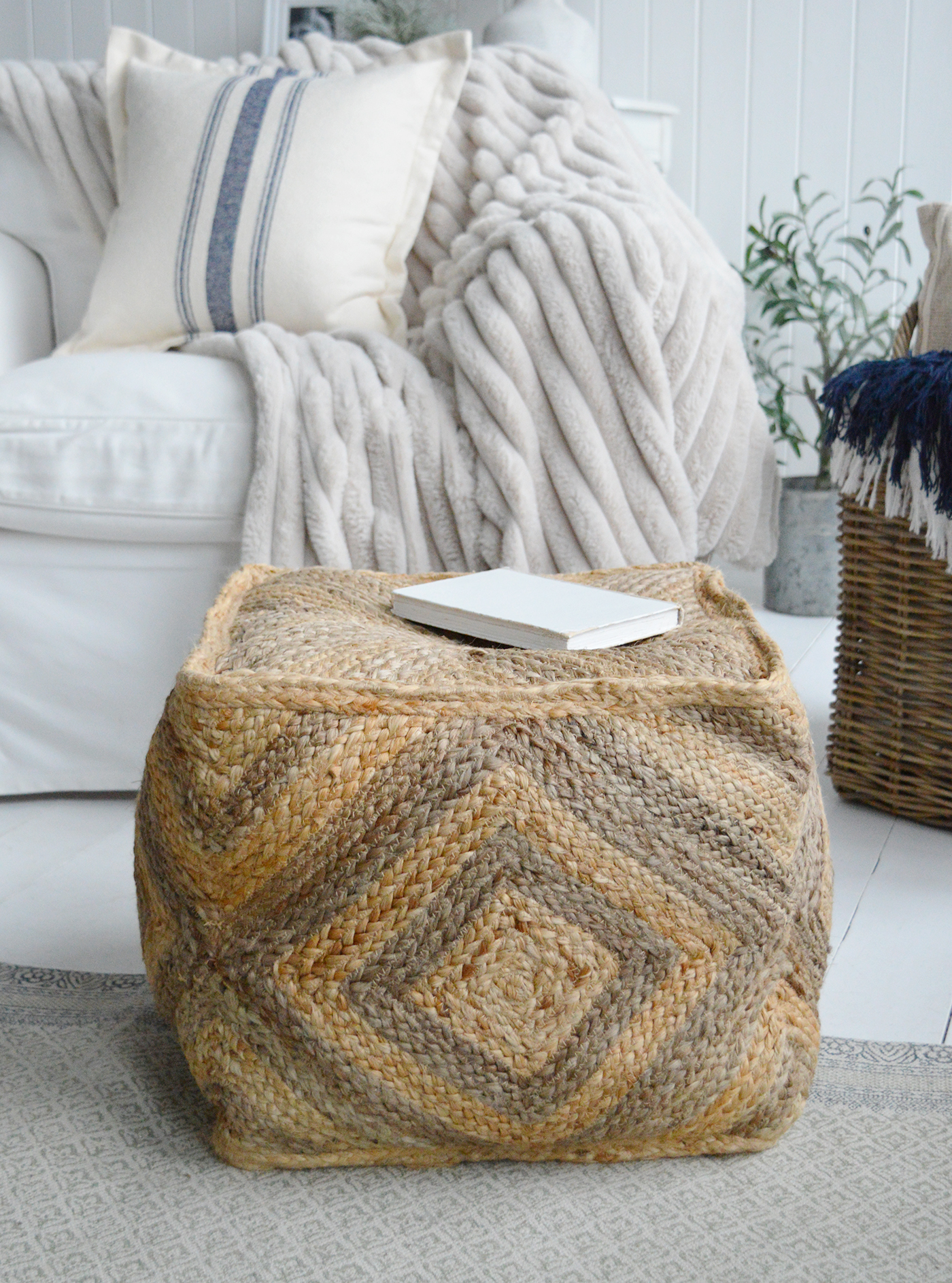 The Benton poufee footstool, perfect to style a modern farmhouse or coastal living room beside a coffee table