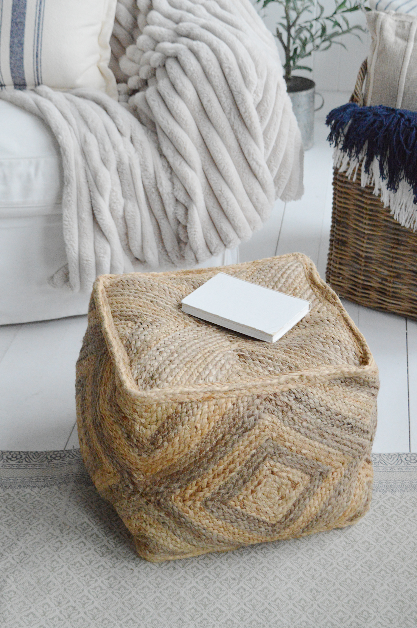 The Benton poufee footstool, perfect to style a modern farmhouse or coastal living room beside a coffee table