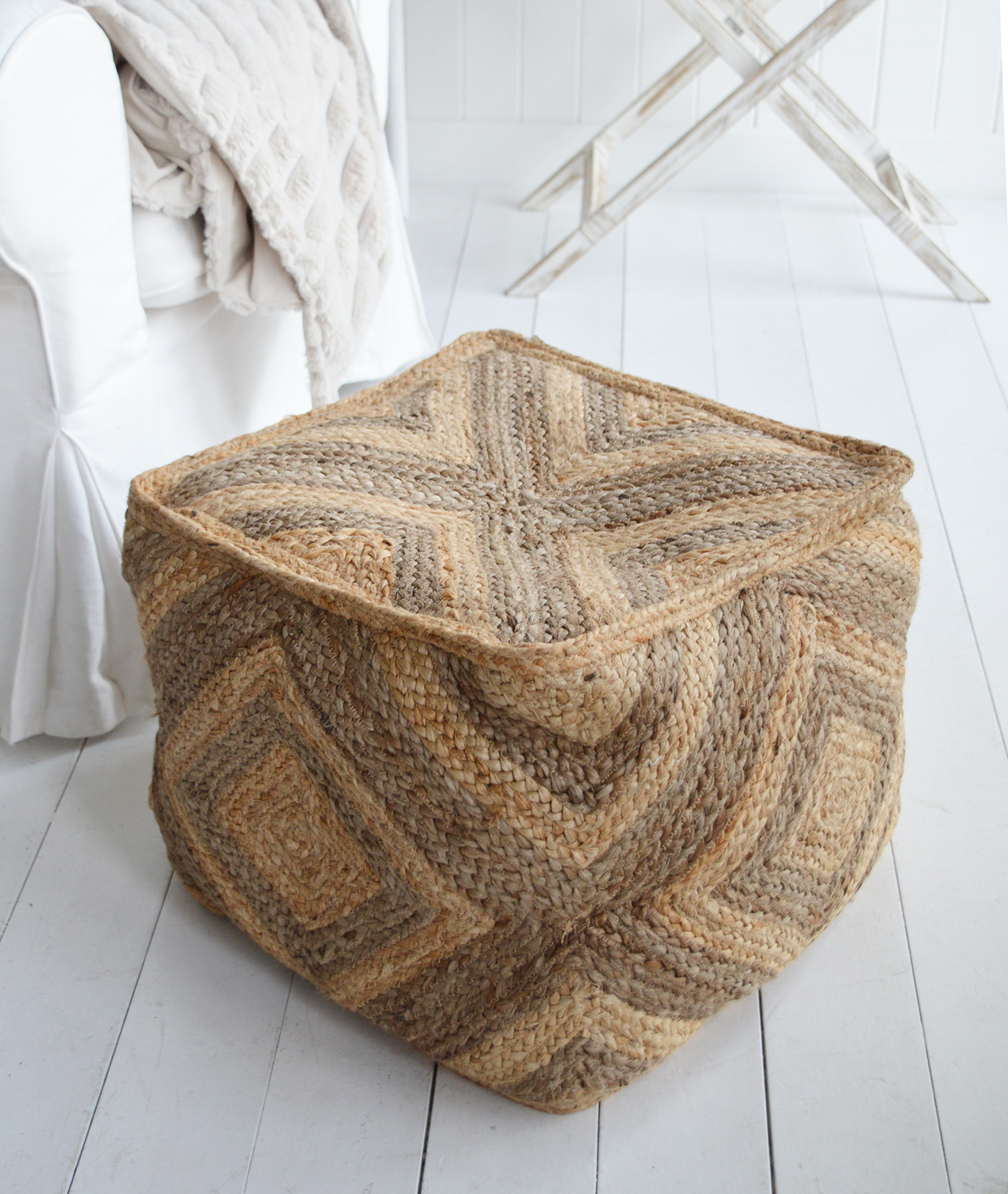 Benton Jute Ottoman / Pouffe  - Ideal to add warmth as a footrest, seating or table with natural material in a coastal or New England living room