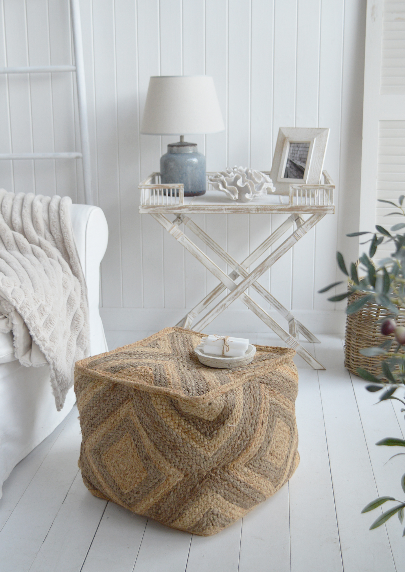 Benton Jute Ottoman / Pouffe  - Ideal to add warmth as a footrest, seating or table with natural material in a coastal or New England living room