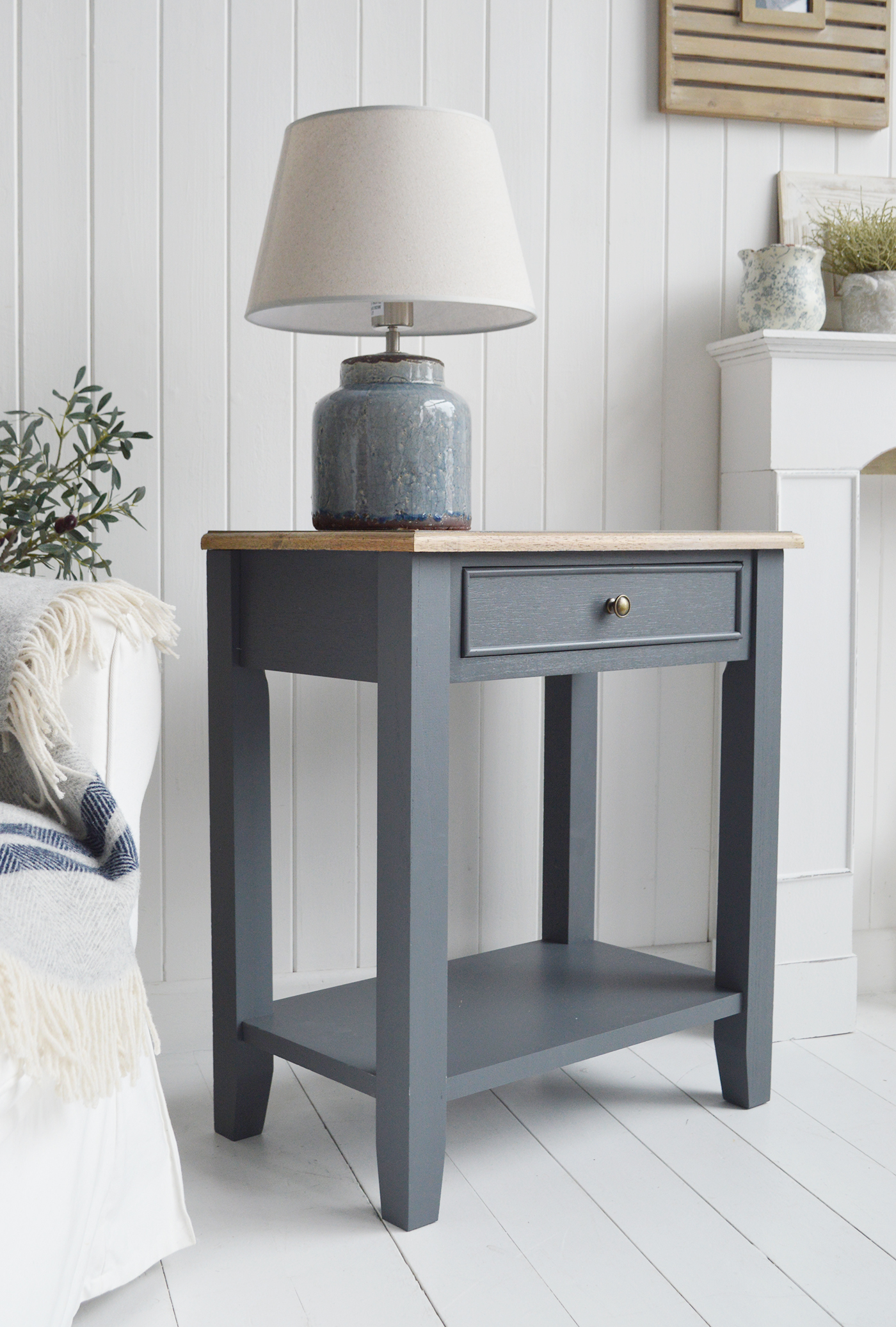 Berkshire large Midnight lamp table (similar to Farrow and Ball Railings). New England furniture for coastal, country and modern farmhouse style homes and interiors and decor for hallway furniture and living room design from The White Lighthouse Hallway