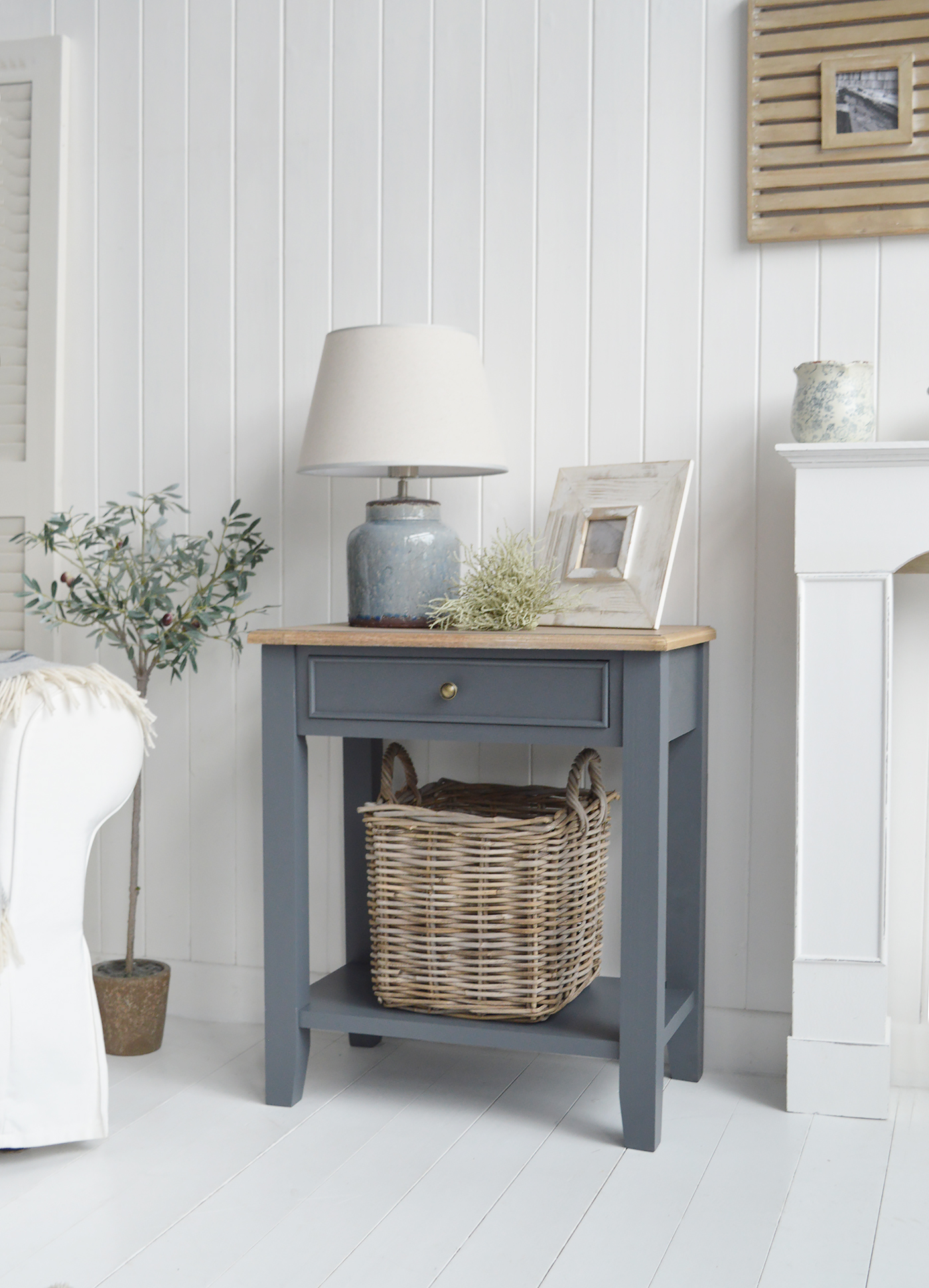 Berkshire large Midnight lamp table (similar to Farrow and Ball Railings). New England furniture for coastal, country and modern farmhouse style homes and interiors and decor for hallway furniture and living room design from The White Lighthouse Hallway