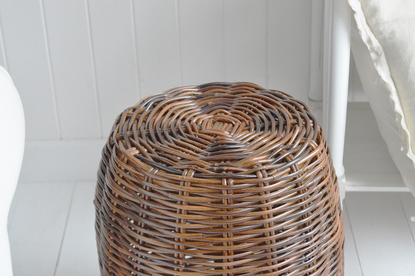 Close up of Bethel Cove Rattan stool, Seat or side table - Coastal New England and Hamptons Furniture