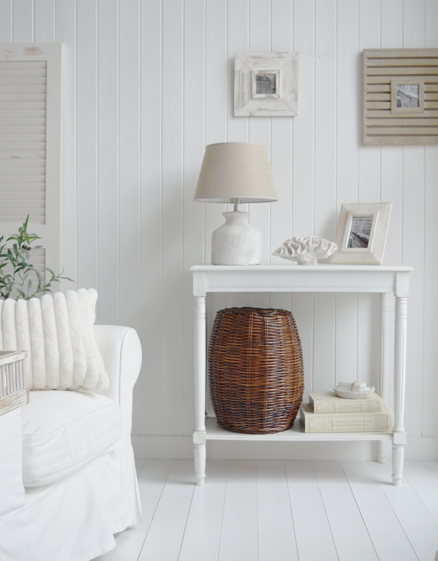 Bethel Cove Rattan stool, Seat or side table - Coastal New England and Hamptons Furniture - shown as extra seating stored under a console table