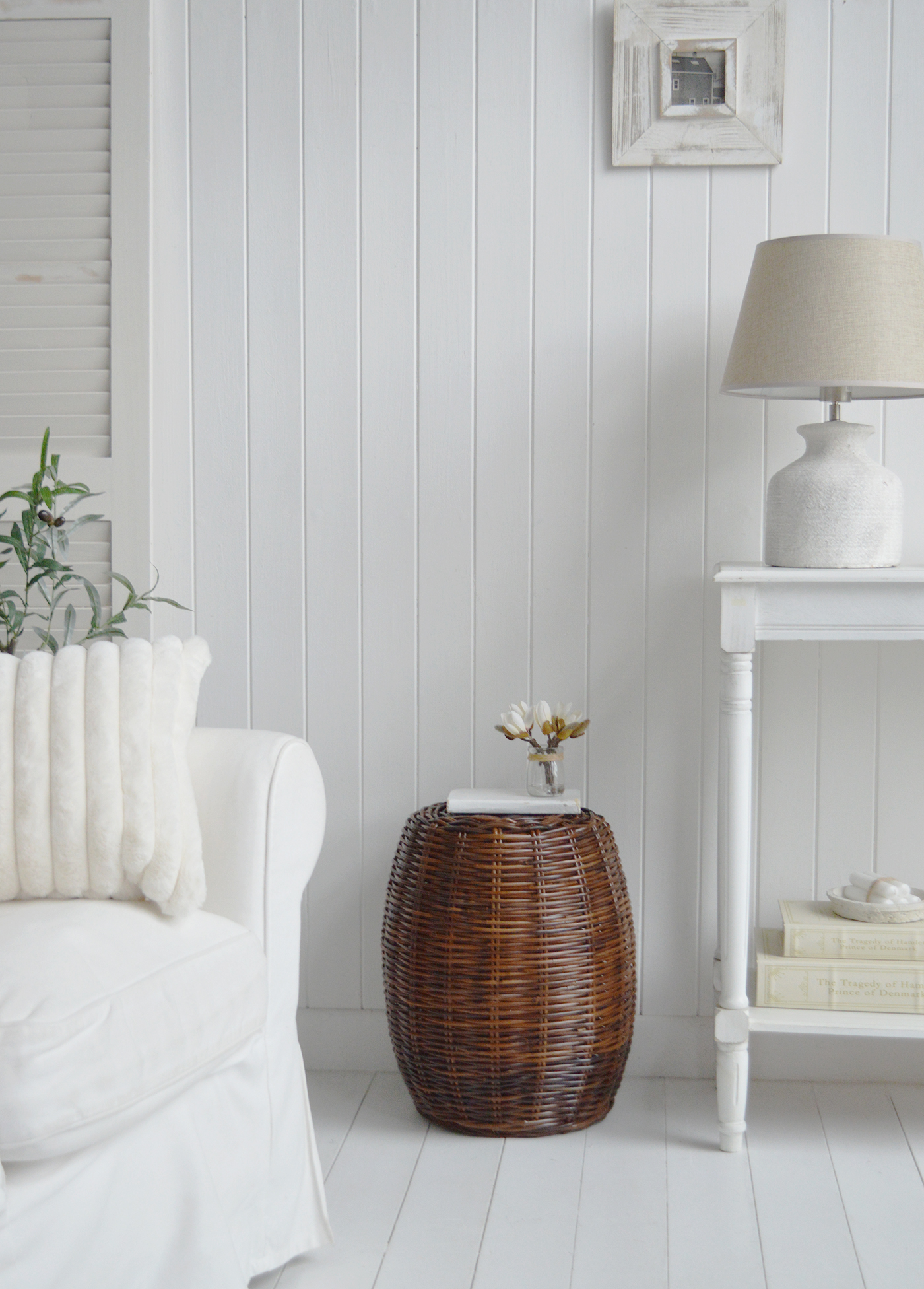 Bethel Cove Rattan stool, Seat or side table - Coastal New England and Hamptons Furniture - shown in a white living room