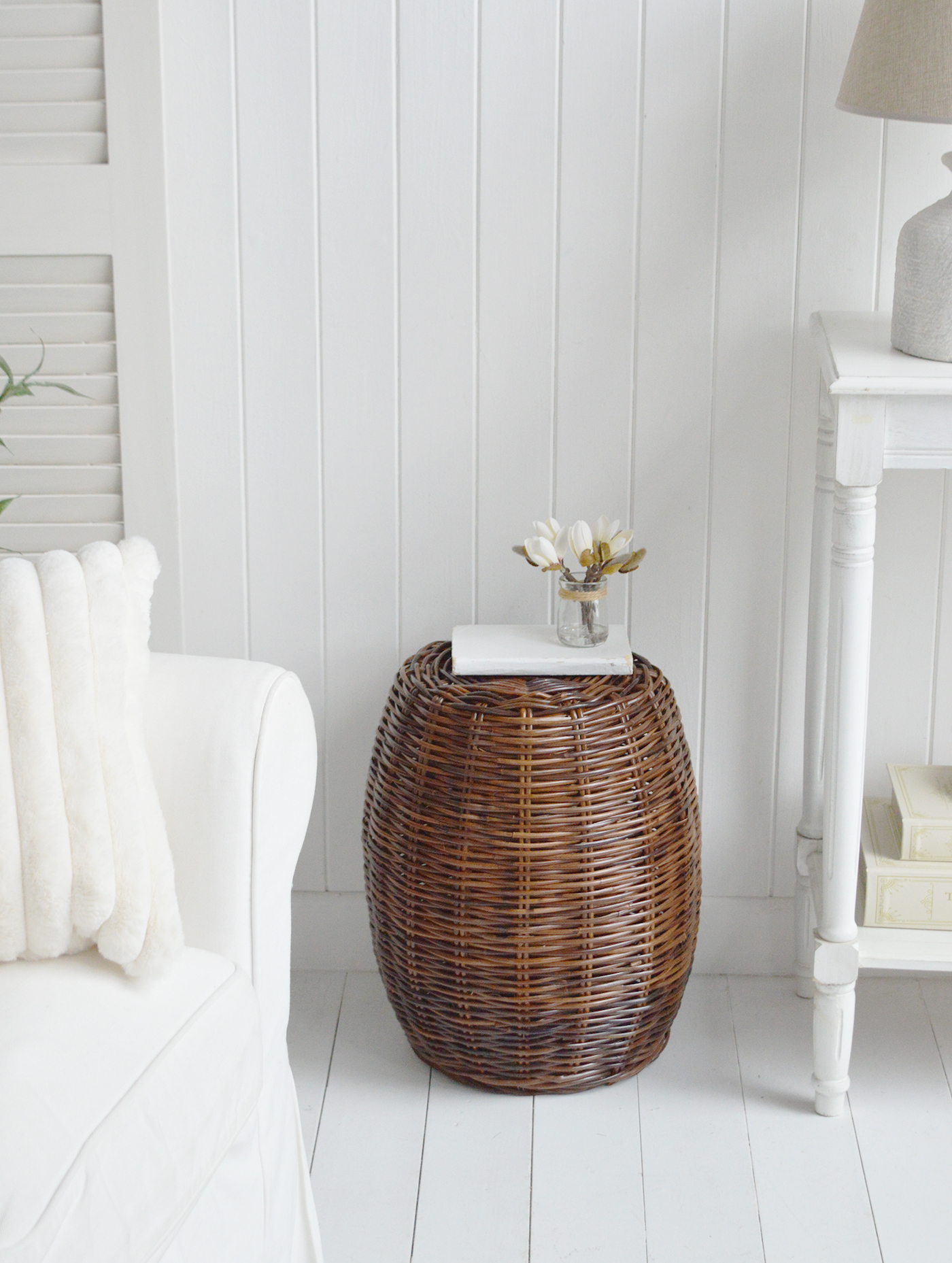 Bethel Cove Rattan stool, Seat or side table - Coastal New England and Hamptons Furniture