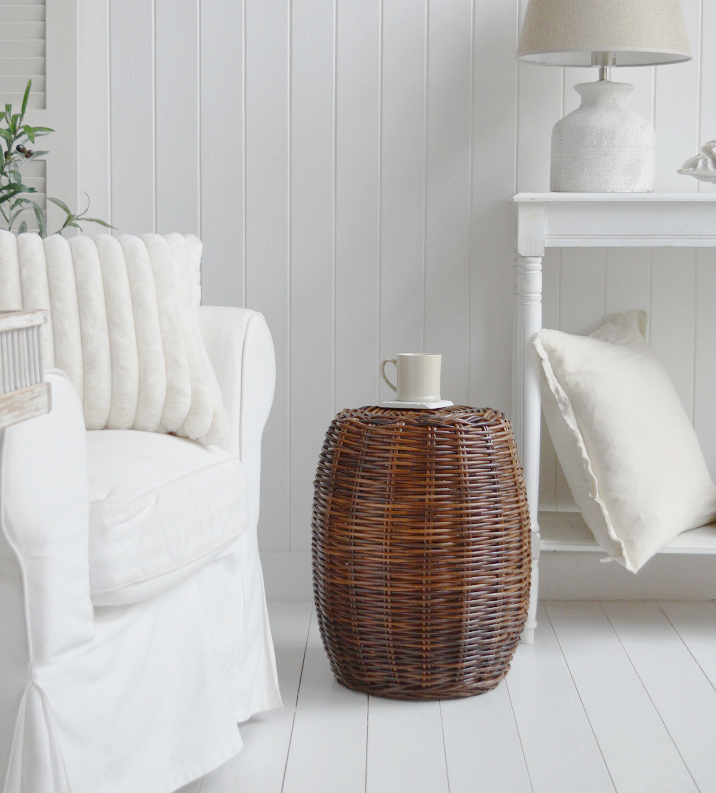 Bethel Cove Rattan stool, Seat or side table - Coastal New England and Hamptons Furniture. Shown with a mug