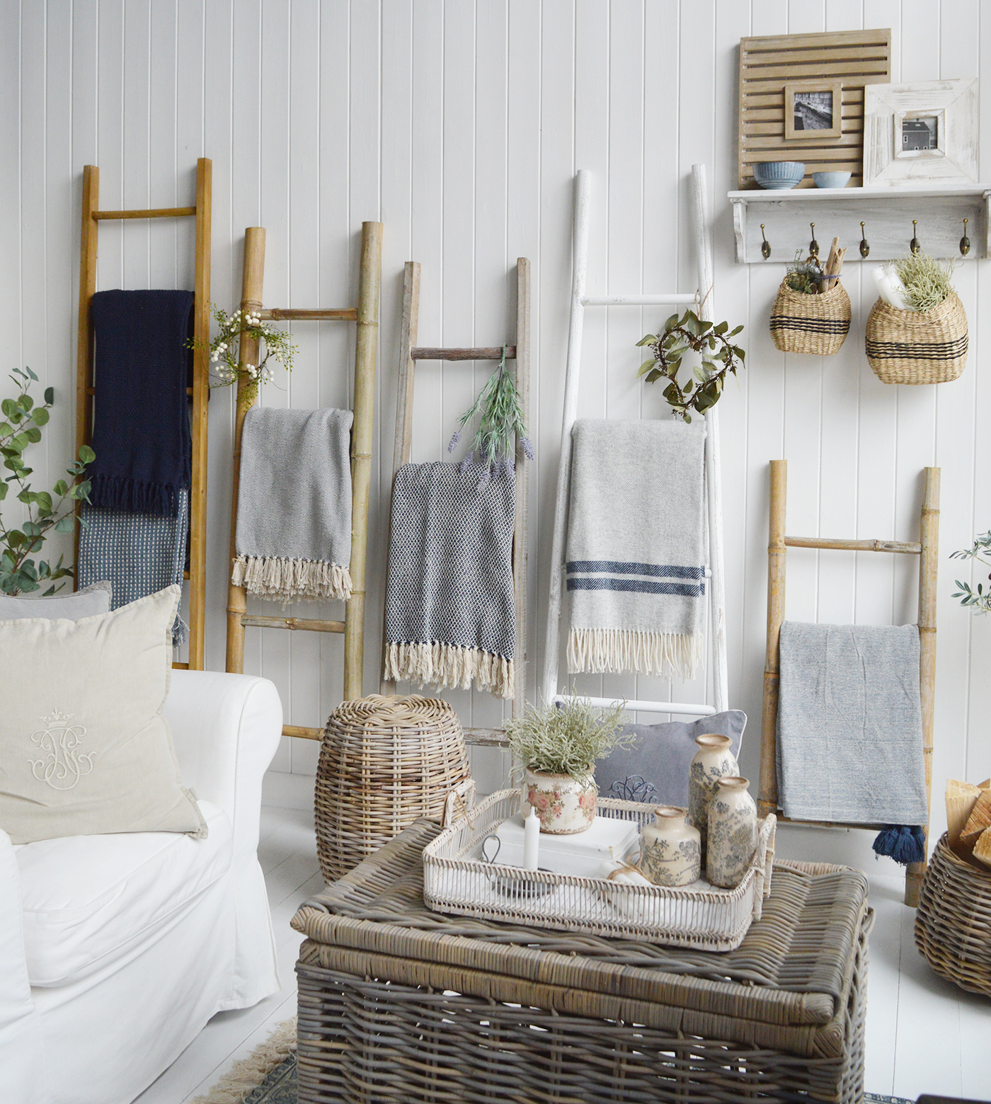Range of blanket ladders to decorate and style your living room. Modern Farmhouse, country and coastal New England furniture