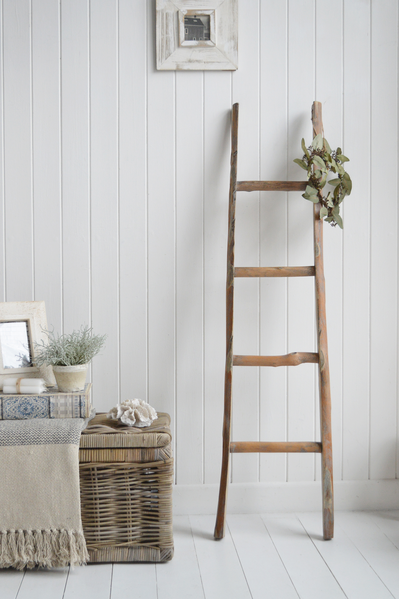Driftwood Ladder - blankets display for a living room in a New England style interior, ideal in coastal and country homes.