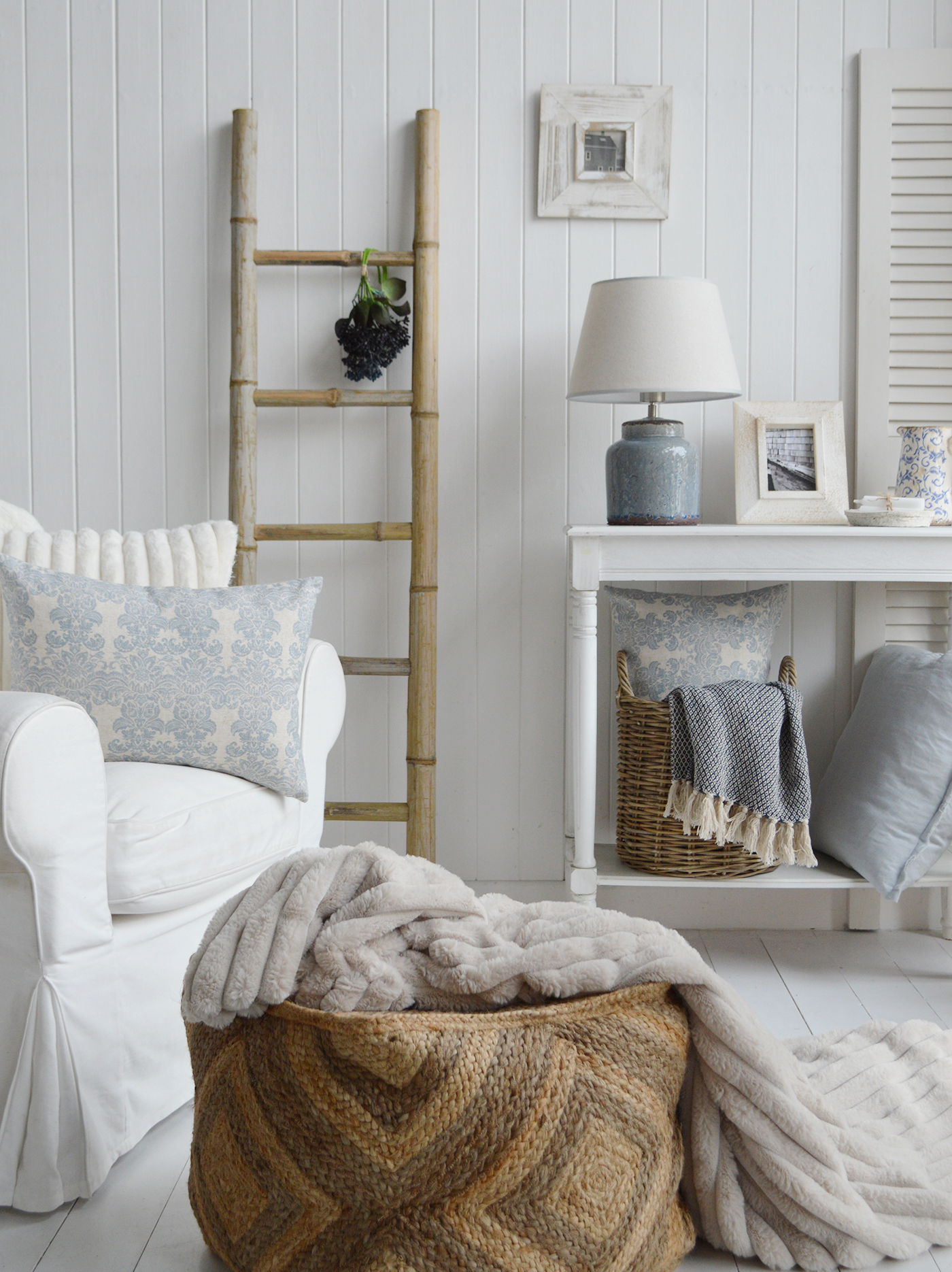 Blanket ladders in a coastal inspired beach house