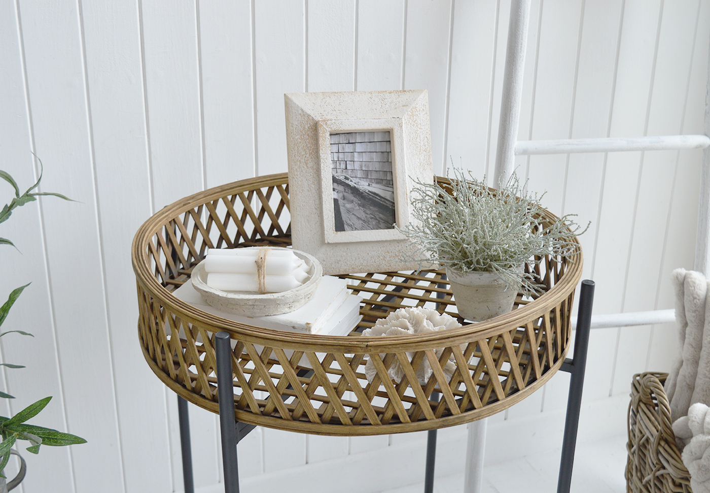 Brentwood Lamp Table. Elegant New England Coastal and Country Furniture.  A rattan and iron table with textural tray top, perfect as a piece in the living room or bedroom of coastal and modern farmhouse New England interiors