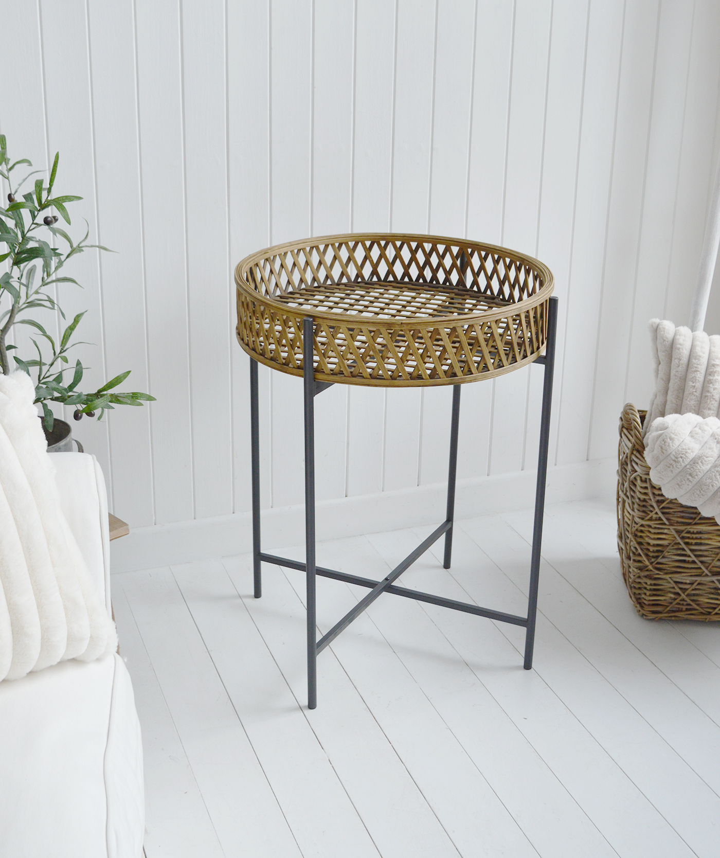 Brentwood Lamp Table. Elegant New England Coastal and Country Furniture.  A rattan and iron table with textural tray top, perfect as a piece in the living room or bedroom of coastal and modern farmhouse New England interiors