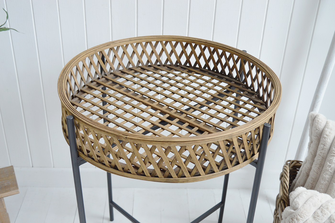 Brentwood Lamp Table. Elegant New England Coastal and Country Furniture.  A rattan and iron table with textural tray top, perfect as a piece in the living room or bedroom of coastal and modern farmhouse New England interiors