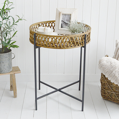 Brentwood Lamp Table. Elegant New England Coastal and Country Furniture.  A rattan and iron table with textural tray top, perfect as a piece in the living room or bedroom of coastal and modern farmhouse New England interiors