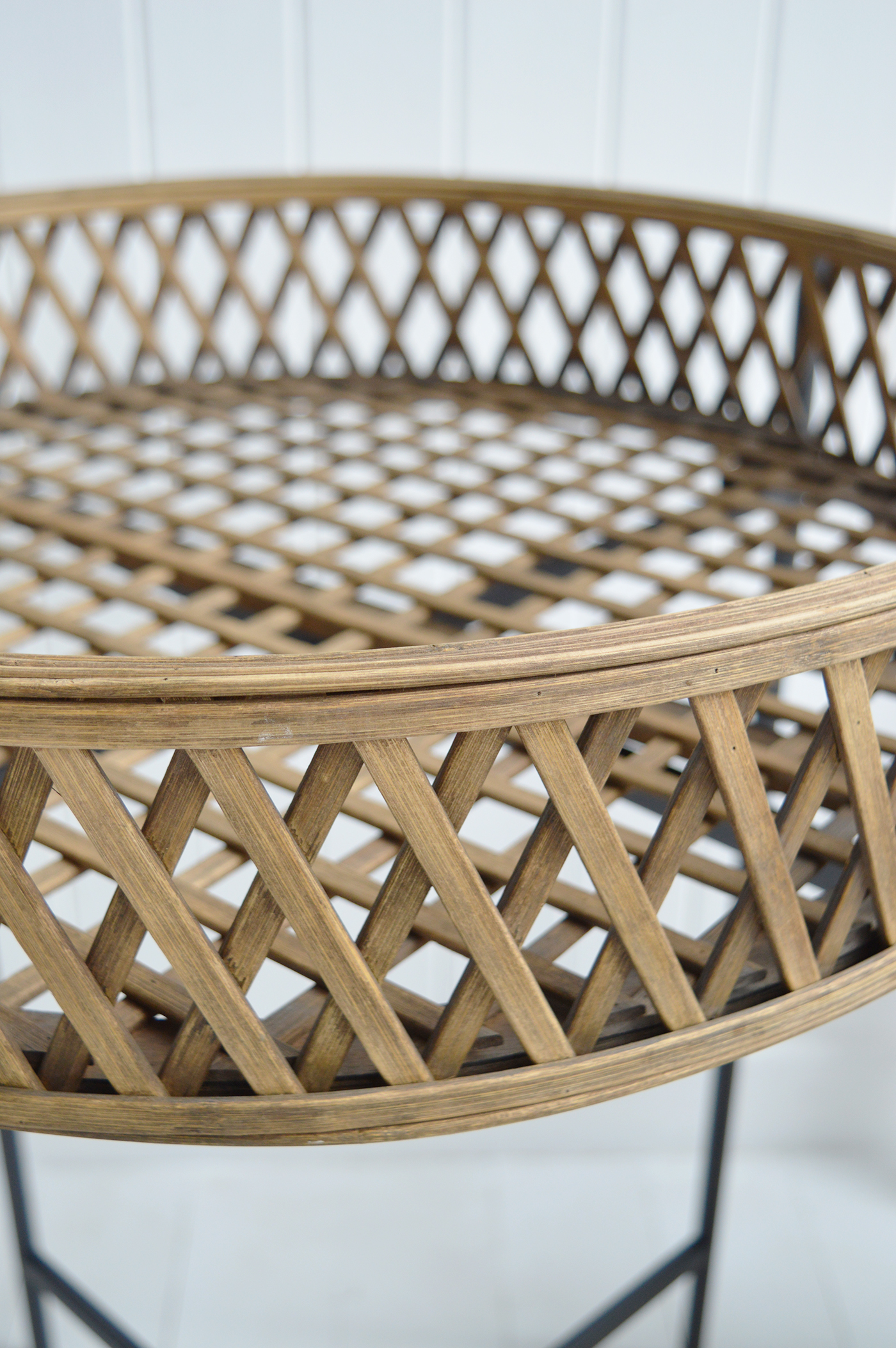 Brentwood Lamp Table. Elegant New England Coastal and Country Furniture.  A rattan and iron table with textural tray top, perfect as a piece in the living room or bedroom of coastal and modern farmhouse New England interiors