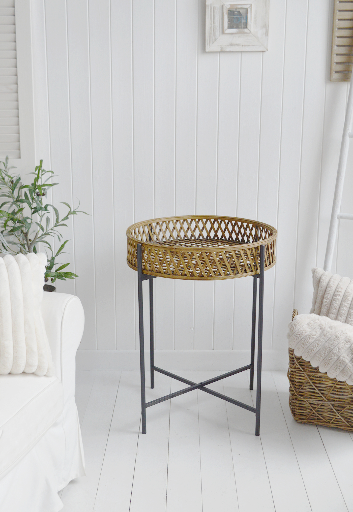 Brentwood Lamp Table. Elegant New England Coastal and Country Furniture.  A rattan and iron table with textural tray top, perfect as a piece in the living room or bedroom of coastal and modern farmhouse New England interiors