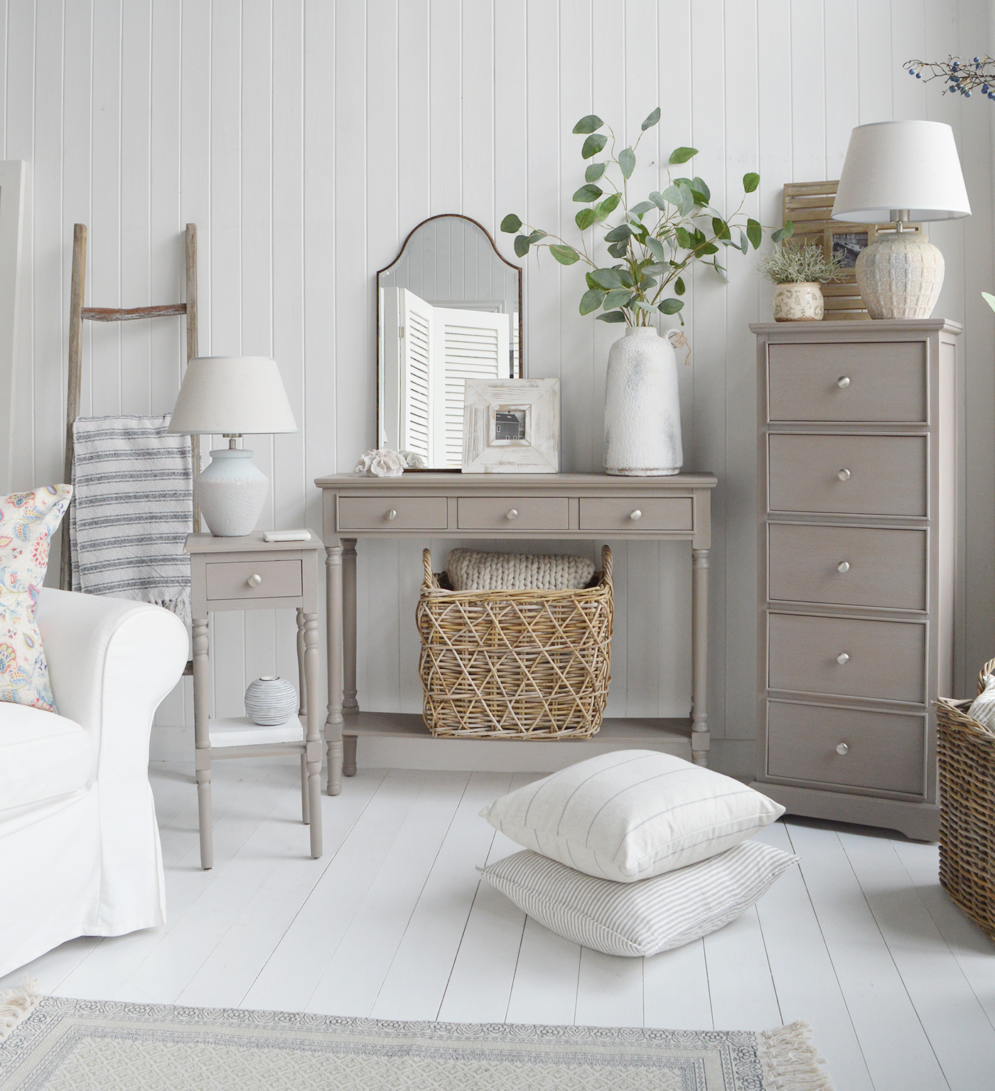 Bristol New England furniture in vintage grey for coastal, modern famhouse and country homes - chest of drawers, console table and lamp table, ideal for bedroom, hall and living room