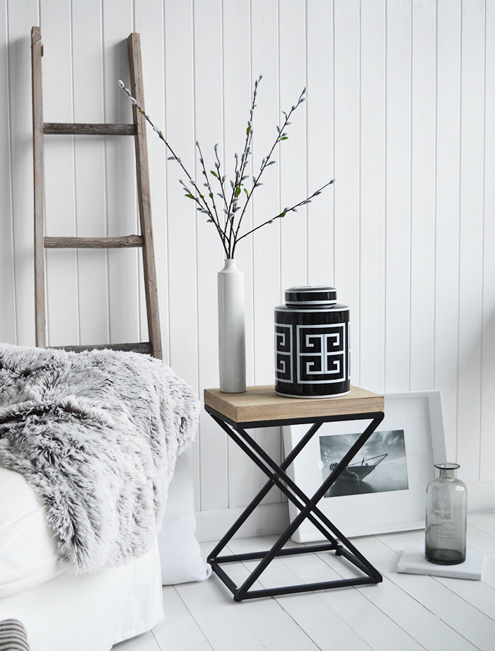 Simsbury lamp table. A black and white palette is timeless. Mixed with natural materials, cushions and throws with plently of texture and interest gives a classic New England look to your interior. Coastal, country furniture and interiors