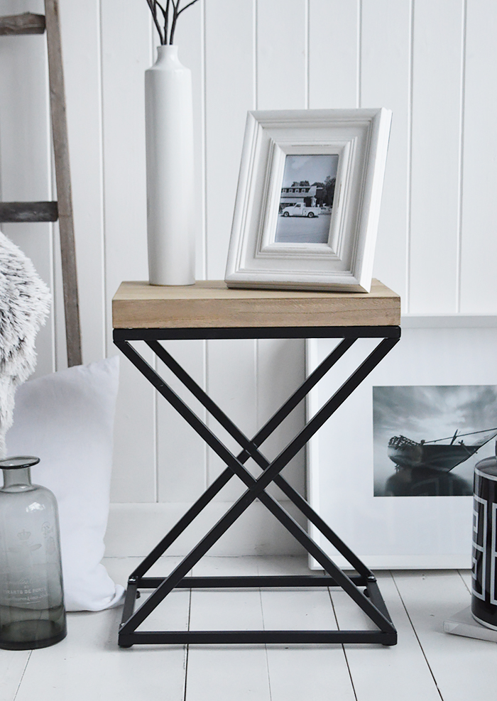 Simsbury lamp table. A black and white palette is timeless. Mixed with natural materials, cushions and throws with plently of texture and interest gives a classic New England look to your interior. Coastal, country furniture and interiors
