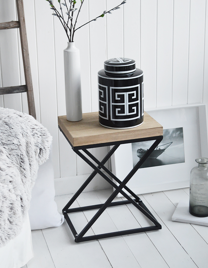Simsbury lamp table. A black and white palette is timeless. Mixed with natural materials, cushions and throws with plently of texture and interest gives a classic New England look to your interior. Coastal, country furniture and interiors