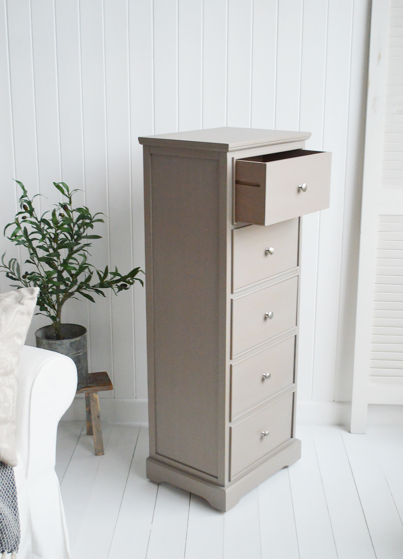 Bristol narrow vintage grey chest of drawers. New England furniture for coastal, modern farmhouse and country homes and interiors