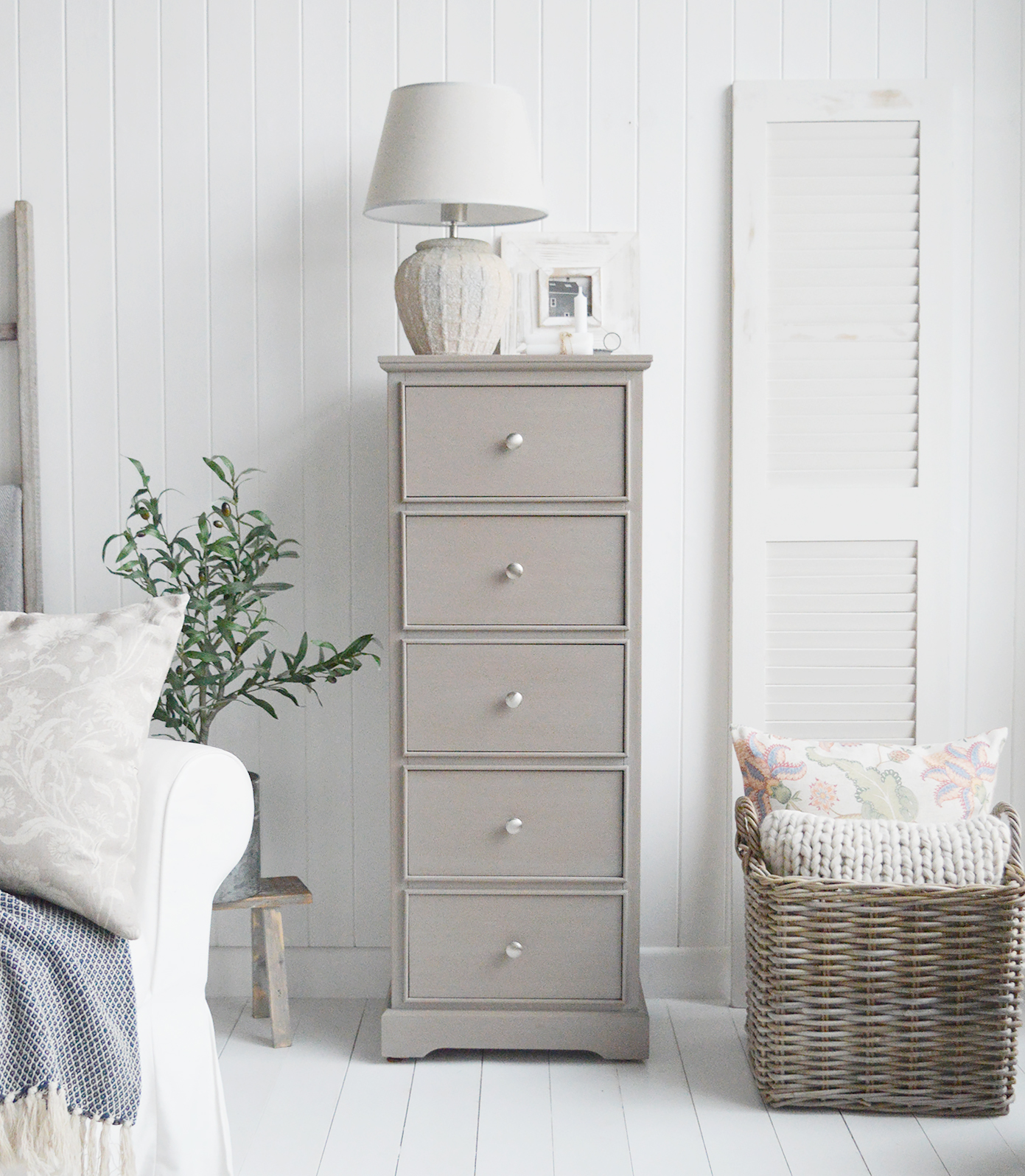Bristol narrow vintage grey chest of drawers. New England furniture for coastal, modern farmhouse and country homes and interiors