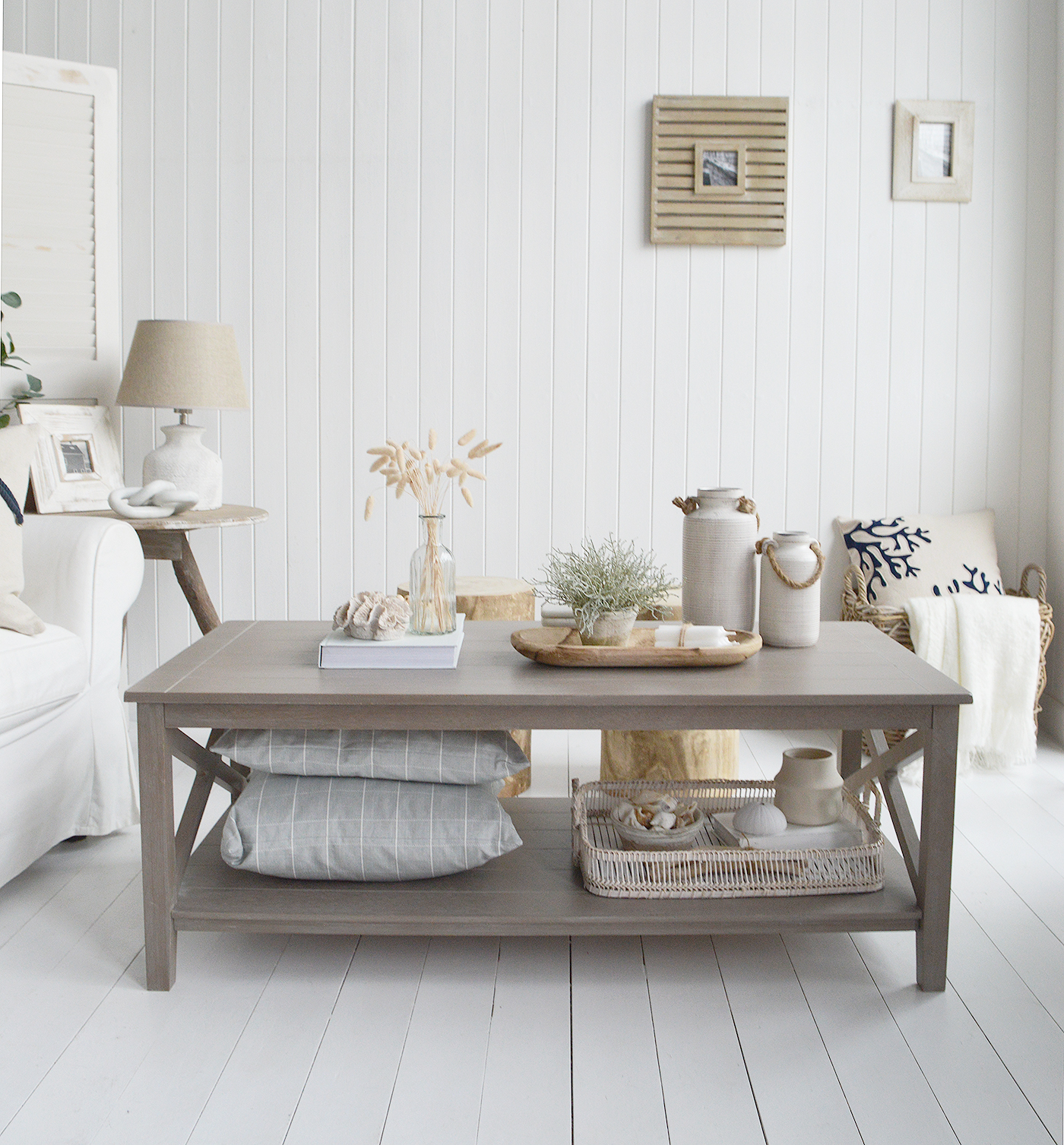 Hamtons chic coastal furniture - The Cambridge Coffee Table shown with the Ascot wooden stools and ideas on coffee table styling and decor