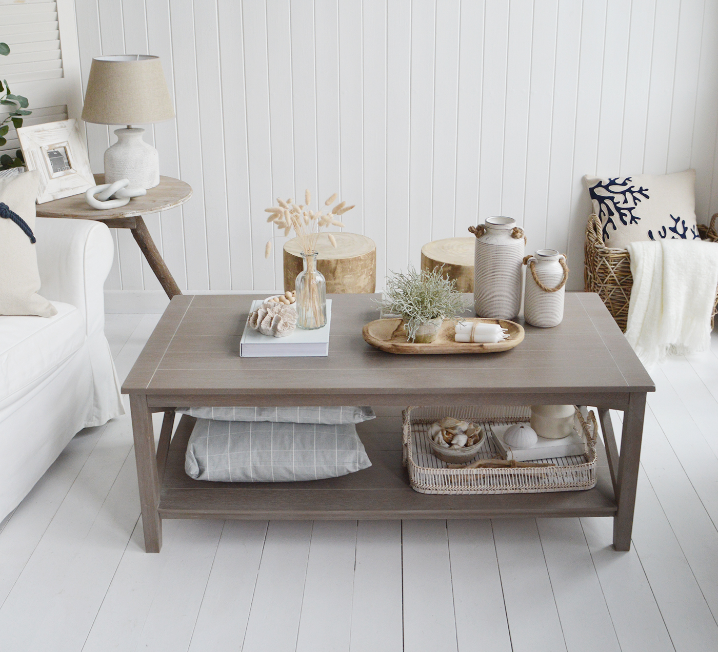 Hamtons chic coastal furniture - The Cambridge Coffee Table shown with the Ascot wooden stools and ideas on coffee table styling and decor
