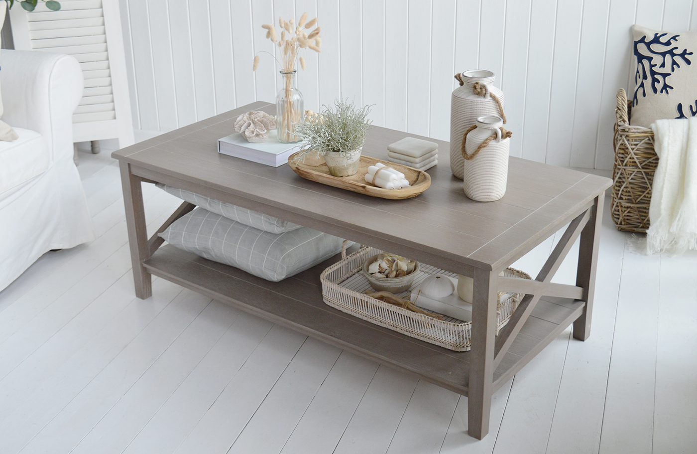 Cambridge Coffee Table in a driftwood grey coloured finish - New England Interiors Furniture for Coastal, Modern Farmhouse and Country Homes