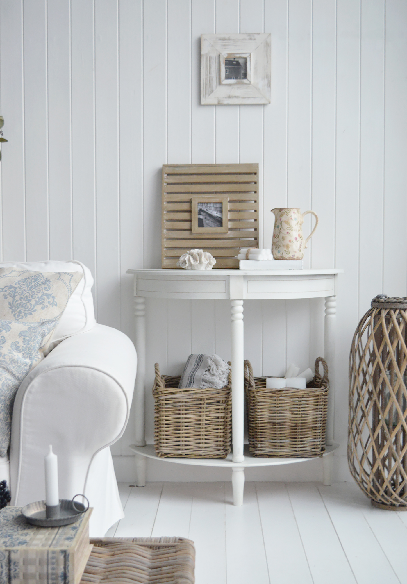 White Cape Ann furniture. white console table in half moon shape, perfect for all New England style homes and as coastal, countrey and modern farmhouse furniture