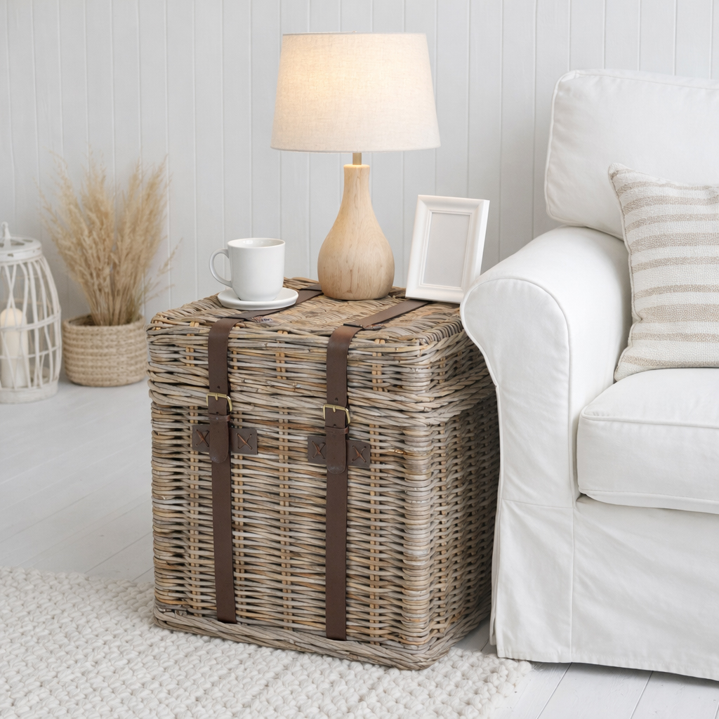 This woven wicker storage trunk doubles beautifully as a lamp table beside a white sofa, adding warmth, texture and relaxed New England style to a neutral living room.