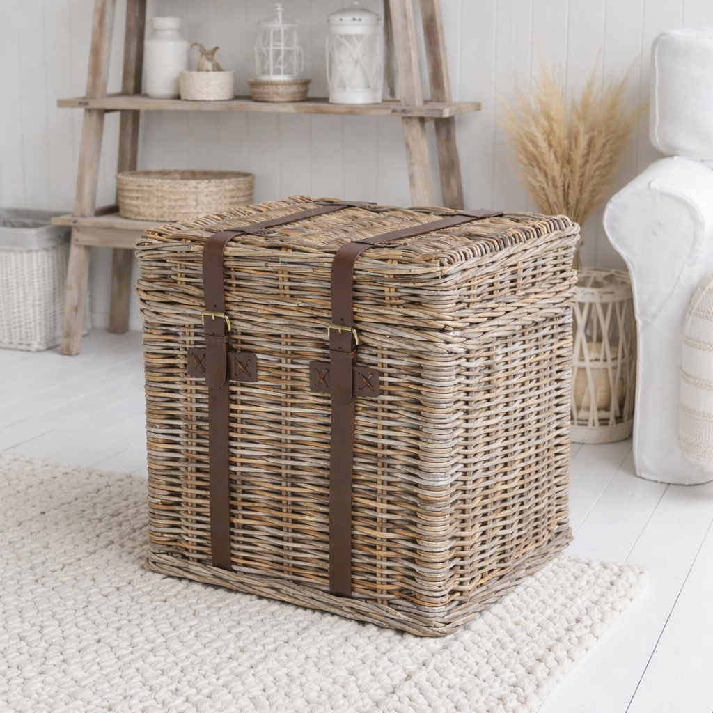 This versatile wicker storage trunk works effortlessly as a side table next to a white sofa, blending natural texture, practical storage and understated New England charm in a calm, neutral living space.
