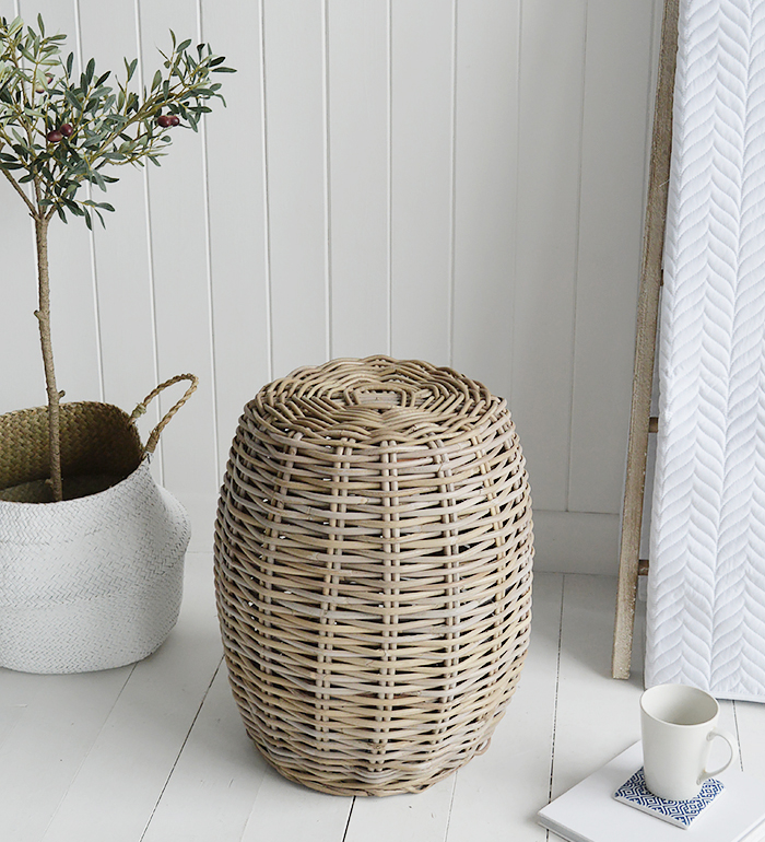 Casco Bay willow seat stool side table for coastal bedrooms