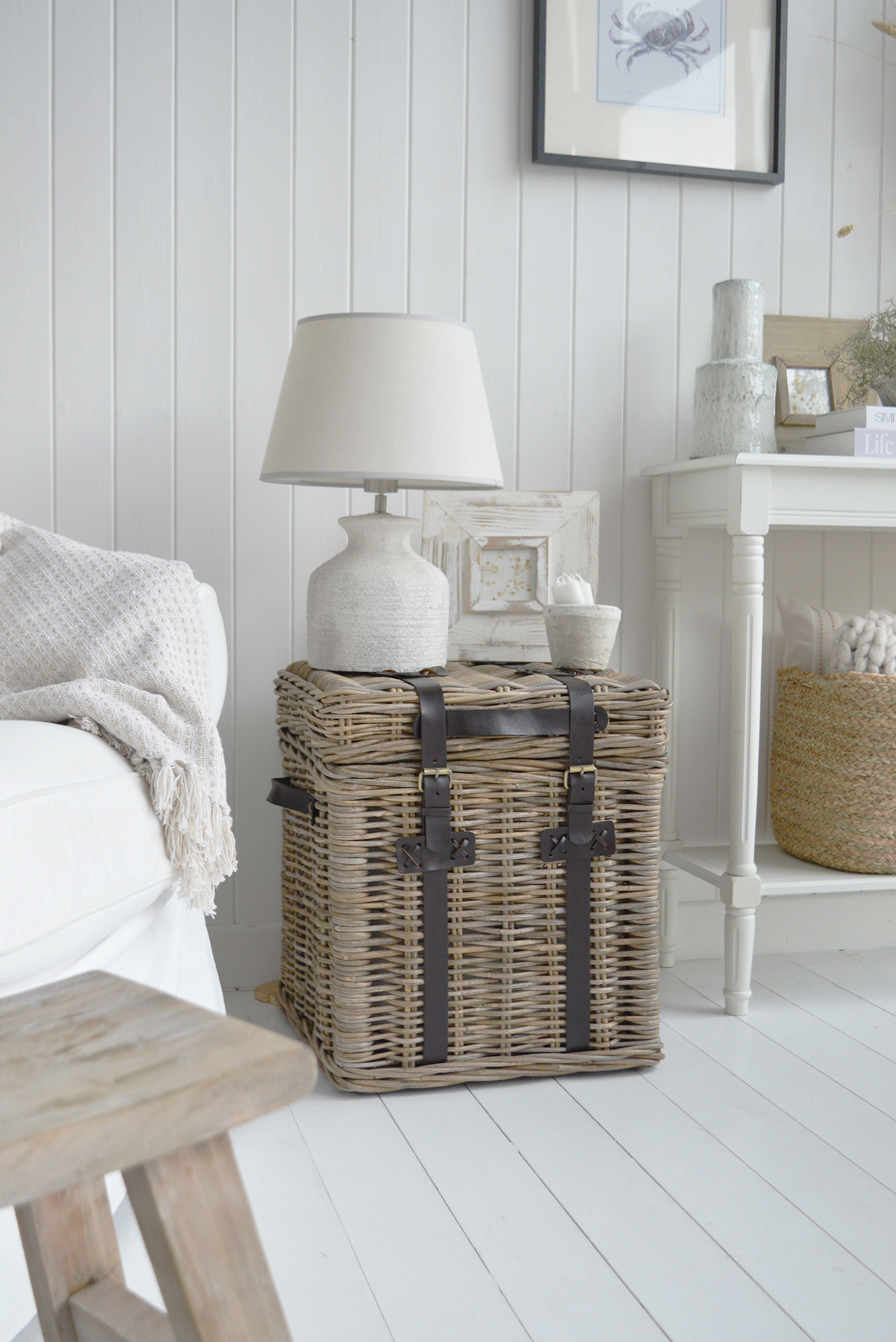 Ideal for beach house and New England interiors, it works beautifully as both a side table and useful storage.