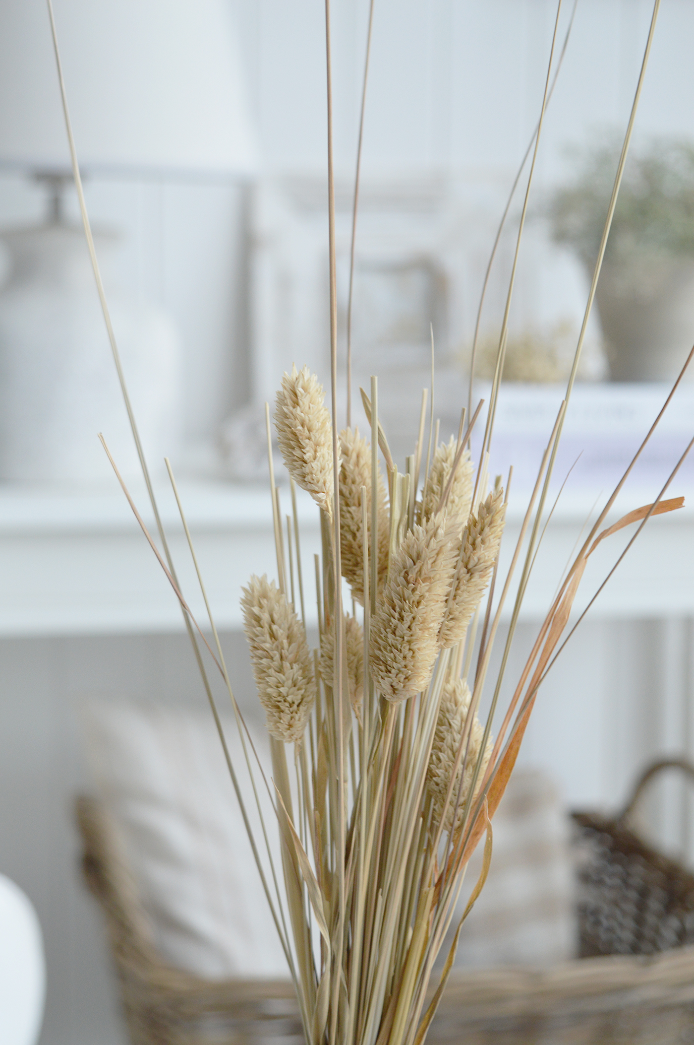 Soft neutral cushions and textured throws bring warmth and comfort to white coastal furniture.
9. White panelled walls and natural woven