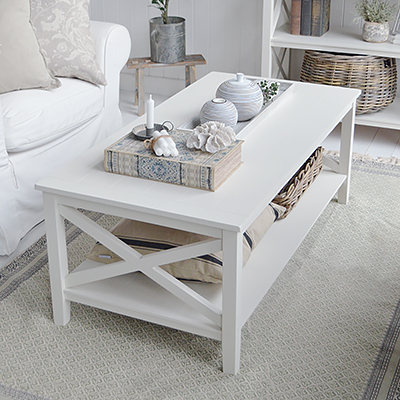 Cambridge ivory coffee table. New England furniture, coastal, modern country and farmhouse, for living room furniture and design... a tradition style of coffee table with a shelf and plenty of space to style