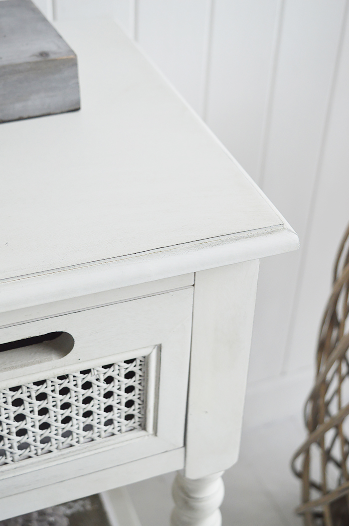 Colonial white furniture for the living room, hallway and bedroom. Lamp or bedside table in New England country and Coastal style