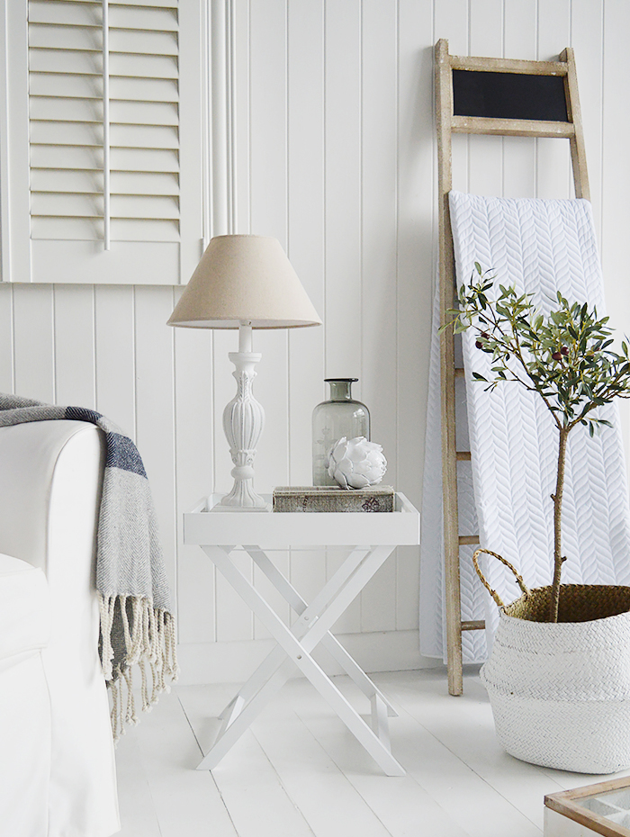 White Tray table in a Scandi style living room
