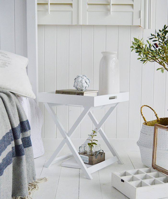 Connecticut white tray butlers table for white bedside table in New England Home Interiors