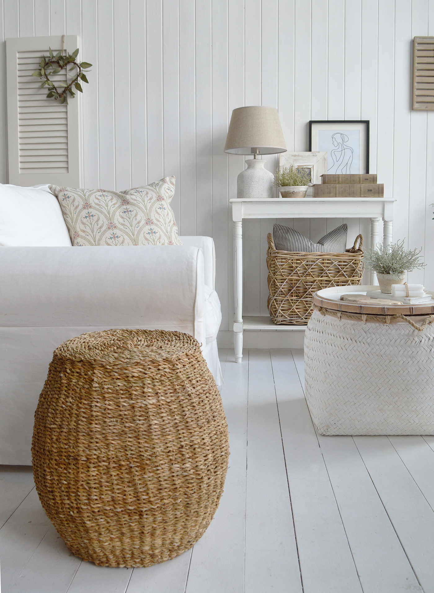 The Cove Bay stool, shown in a New England beach house Hamptons styled interior